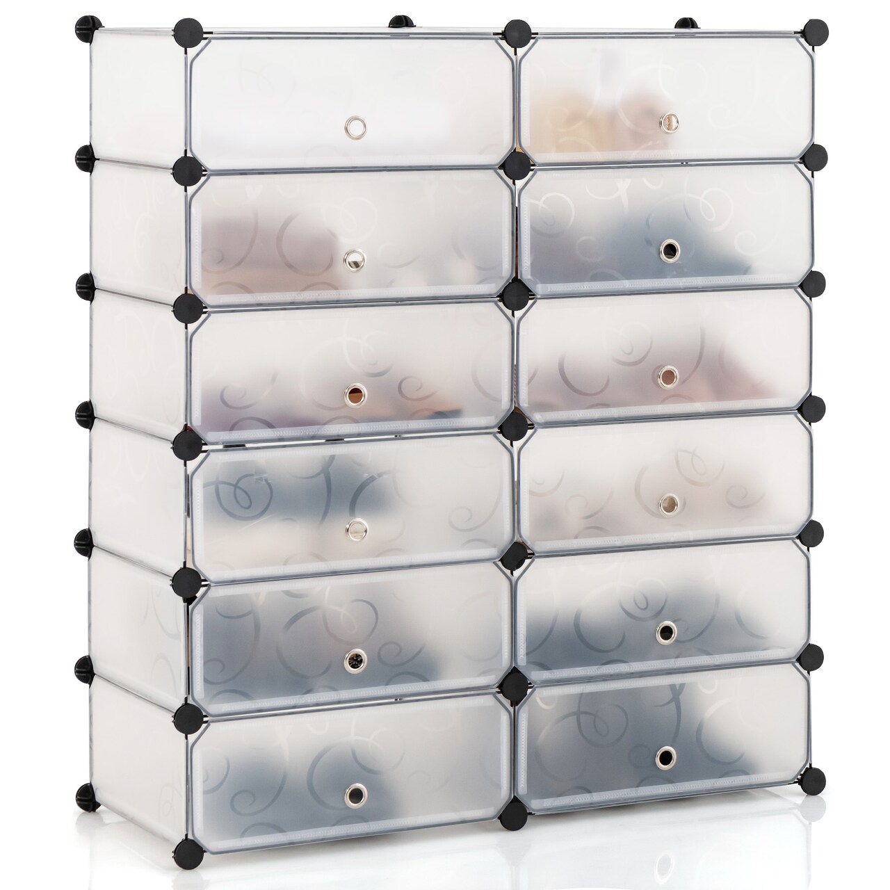 White Cube Shoe Storage Unit with 12 Flip Cover Cubes, Stackable and Easy Assembly